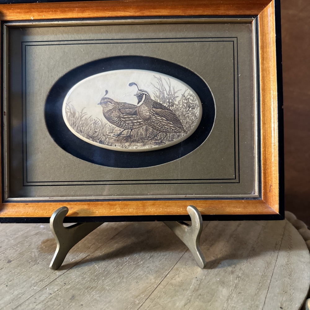 VINTAGE Stephen Barlow Scrimshaw QUAIL PAIR polymer Framed Matted